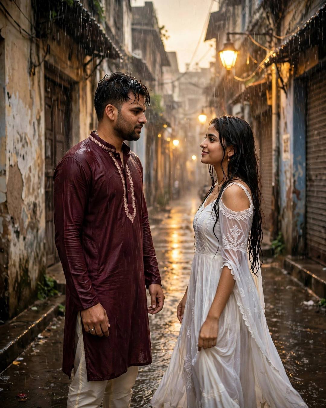 Couple dancing slowly in a rain-soaked old-city lane at golden hour, him in maroon kurta, her in white dress