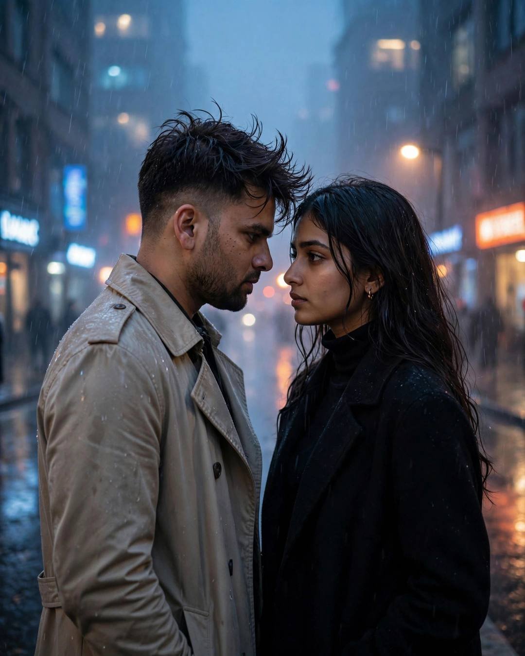 Couple standing face to face with foreheads almost touching on a rain-soaked city street at blue hour