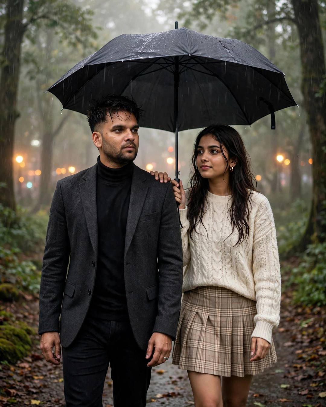 Couple walking side by side under one black umbrella on a misty forest path in the rain