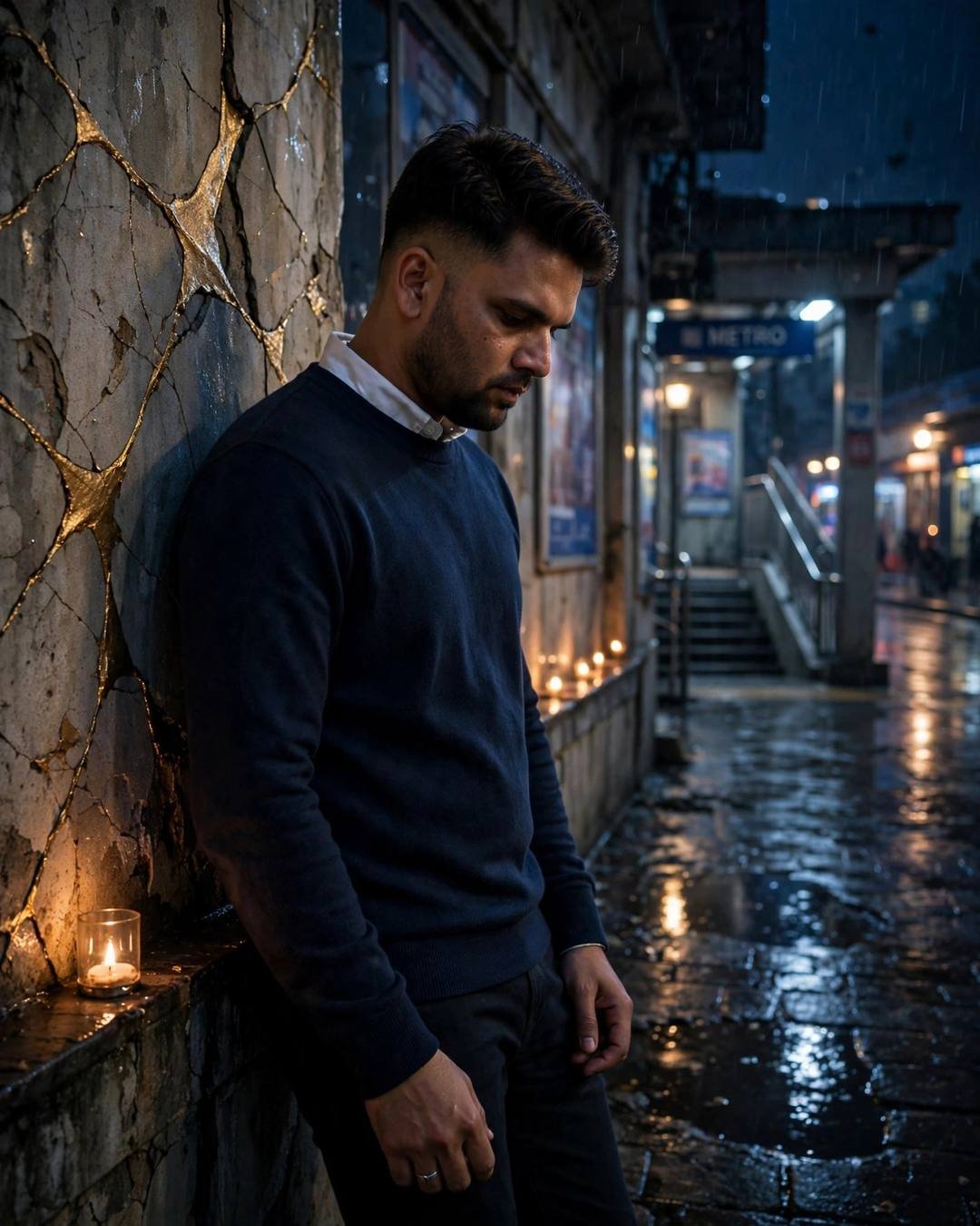 Man leaning against a golden-cracked wall at a metro station in the rain at night