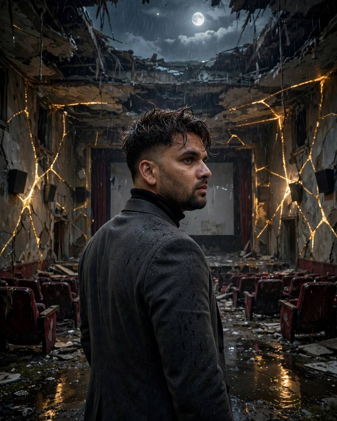 Man looking back over his shoulder in a moonlit ruined cinema hall