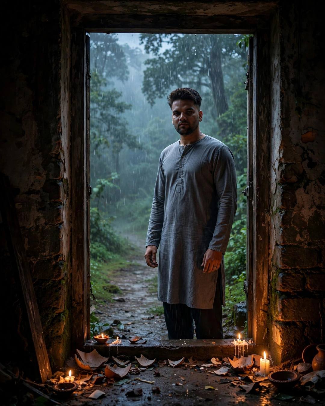 Man in grey kurta standing in a ruined stone doorway, broken pottery shards and candles at his feet, misty forest behind