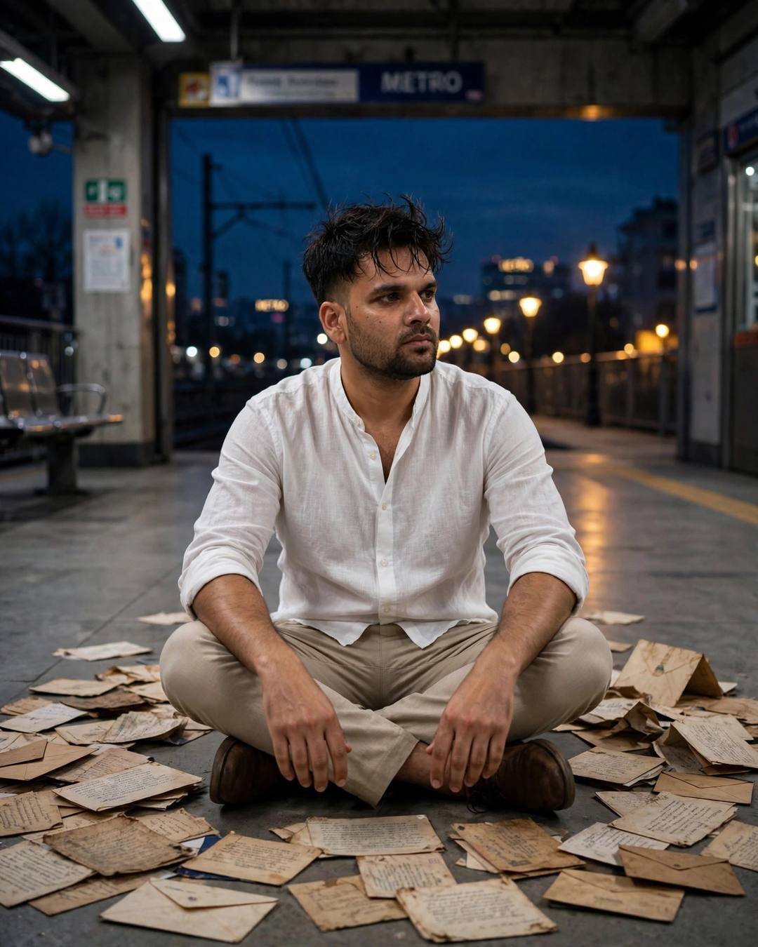 Man in white linen shirt sitting cross-legged on a metro station floor surrounded by old letters at night