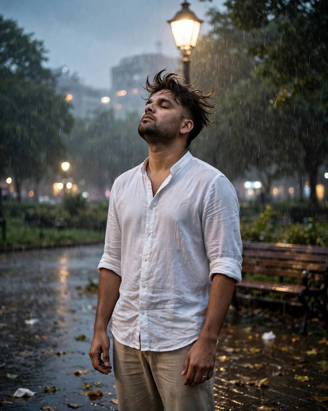 Man in white linen shirt standing under a streetlamp in the rain with face lifted to the sky, eyes closed