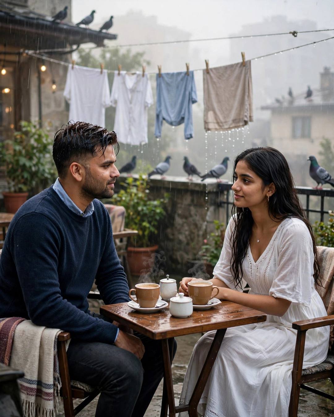 Couple sharing chai at a small table on a foggy terrace with pigeons and dripping clothes lines, man in navy sweater