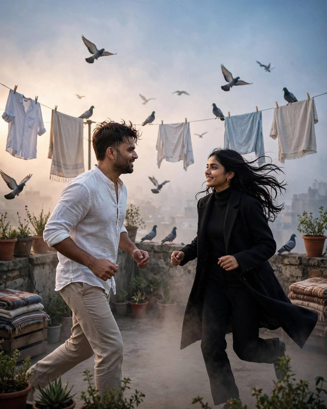 Laughing couple running across a foggy rooftop terrace at golden hour, pigeons flying, clothes lines above