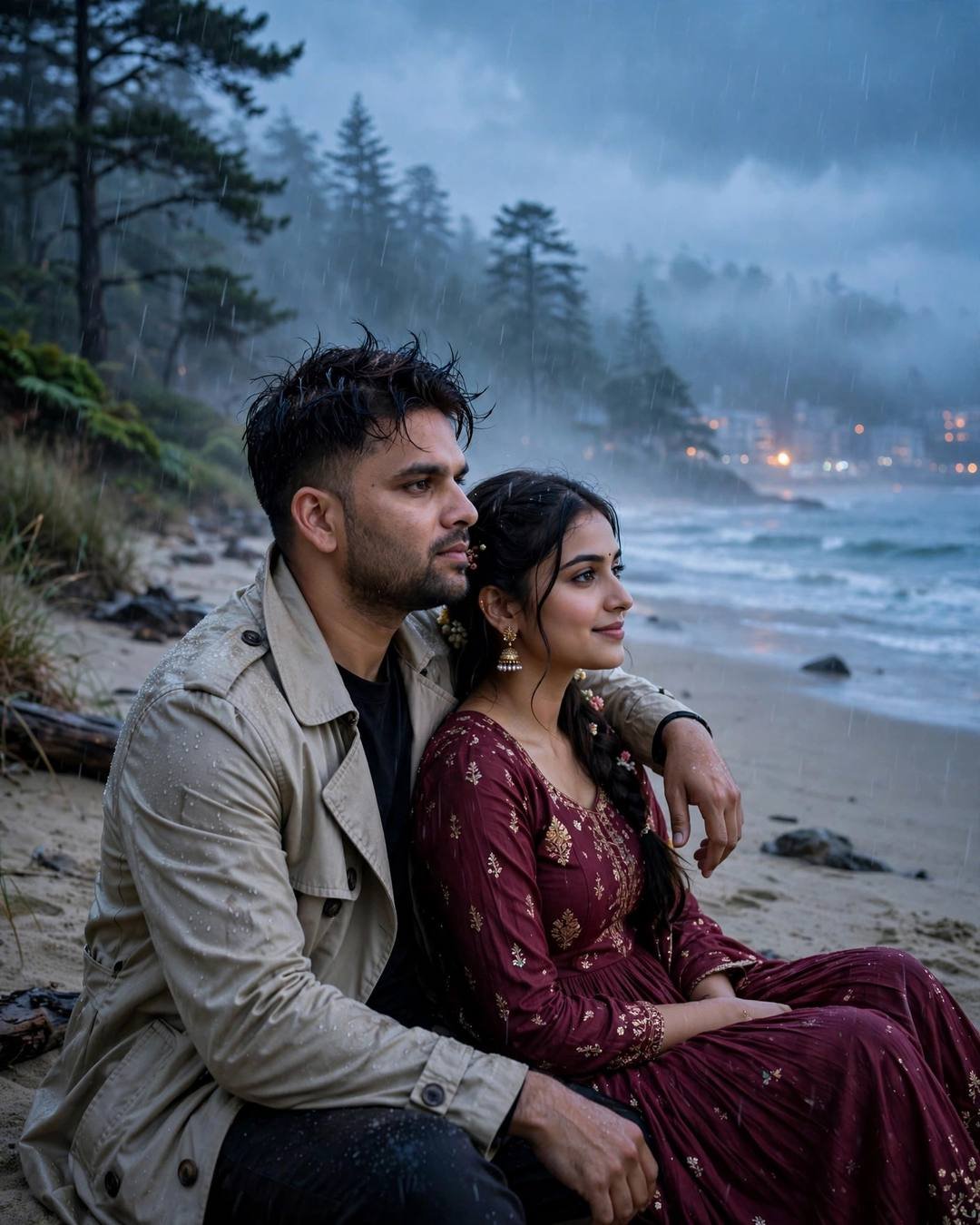 Couple sitting on a misty beach at blue hour, his arm around her, watching the waves