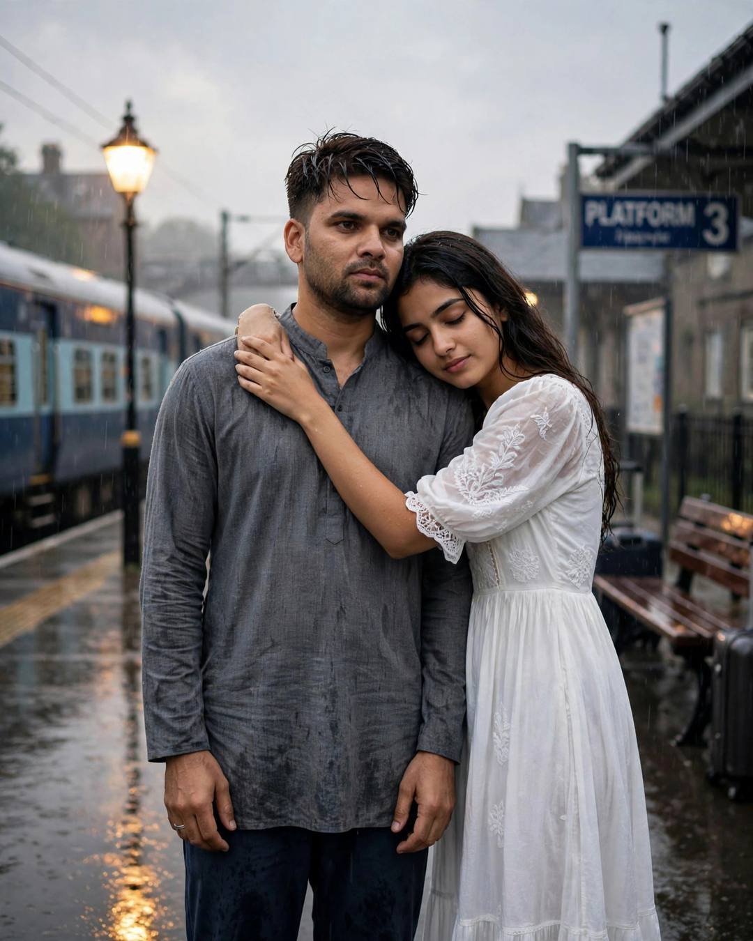 Couple sharing an emotional hug on a rainy railway platform with a suitcase and waiting train