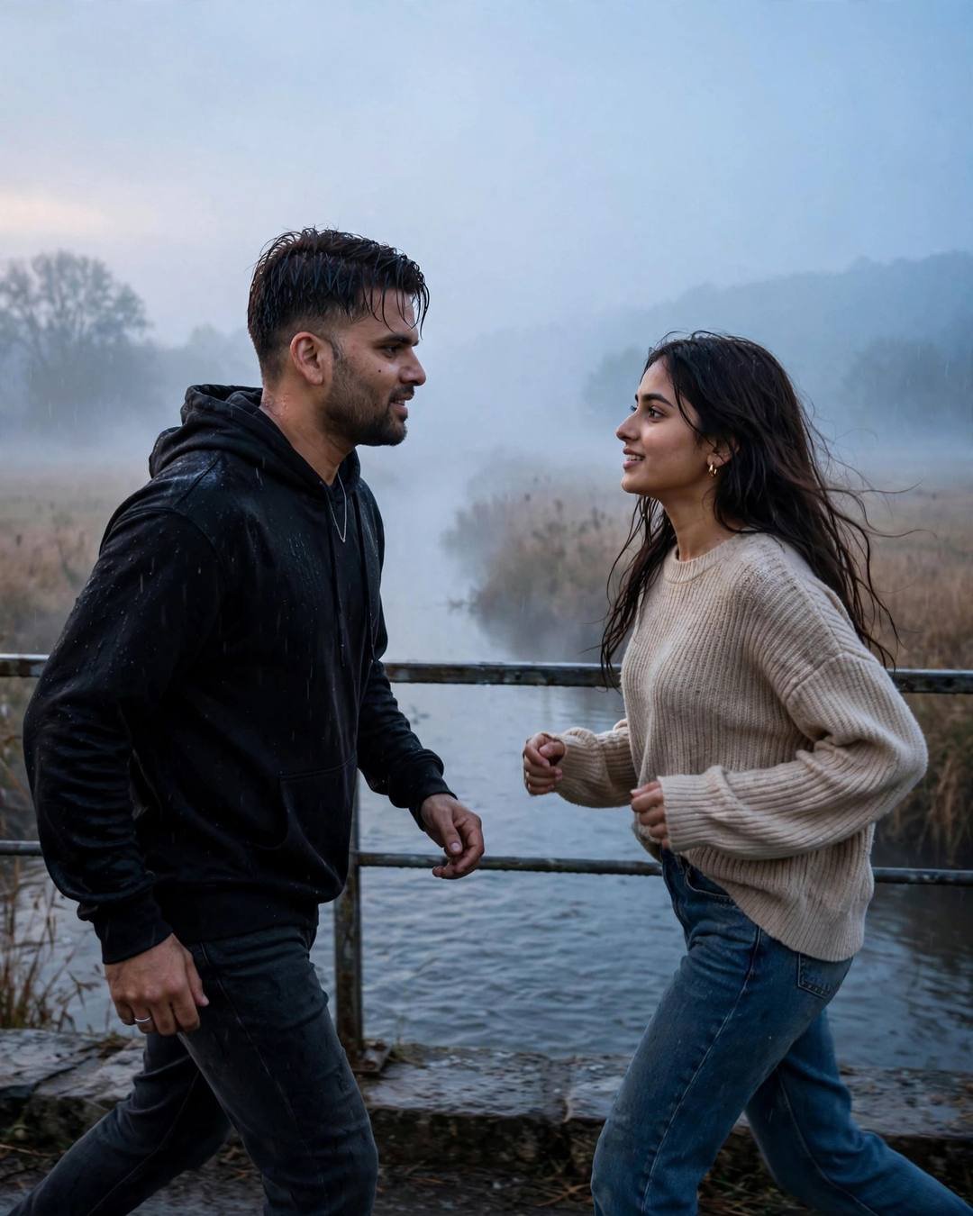 Couple turning toward each other on a foggy bridge over a river at blue hour in the rain