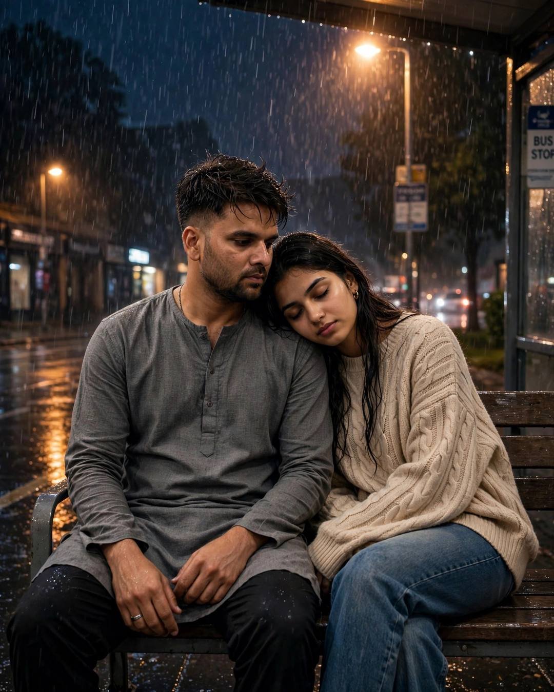 Couple sitting close at a rainy bus stop at night, her head resting on his shoulder