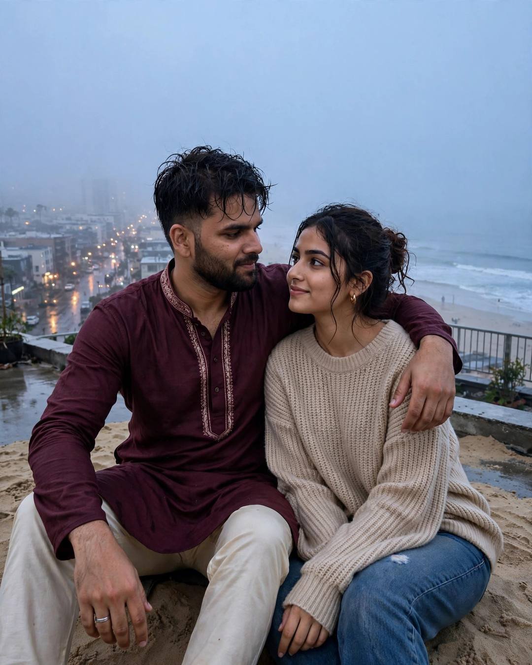 Couple sitting close on a rooftop at blue hour, his arm around her, gazing at each other over city lights
