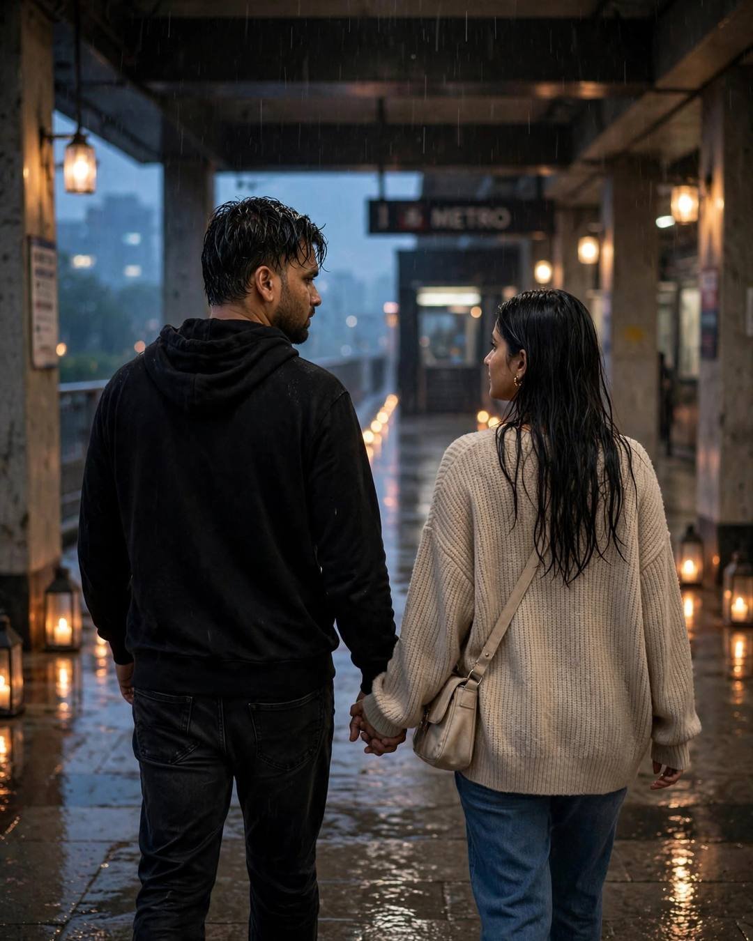 Couple walking hand in hand away from the camera through a lantern-lit metro station corridor at night