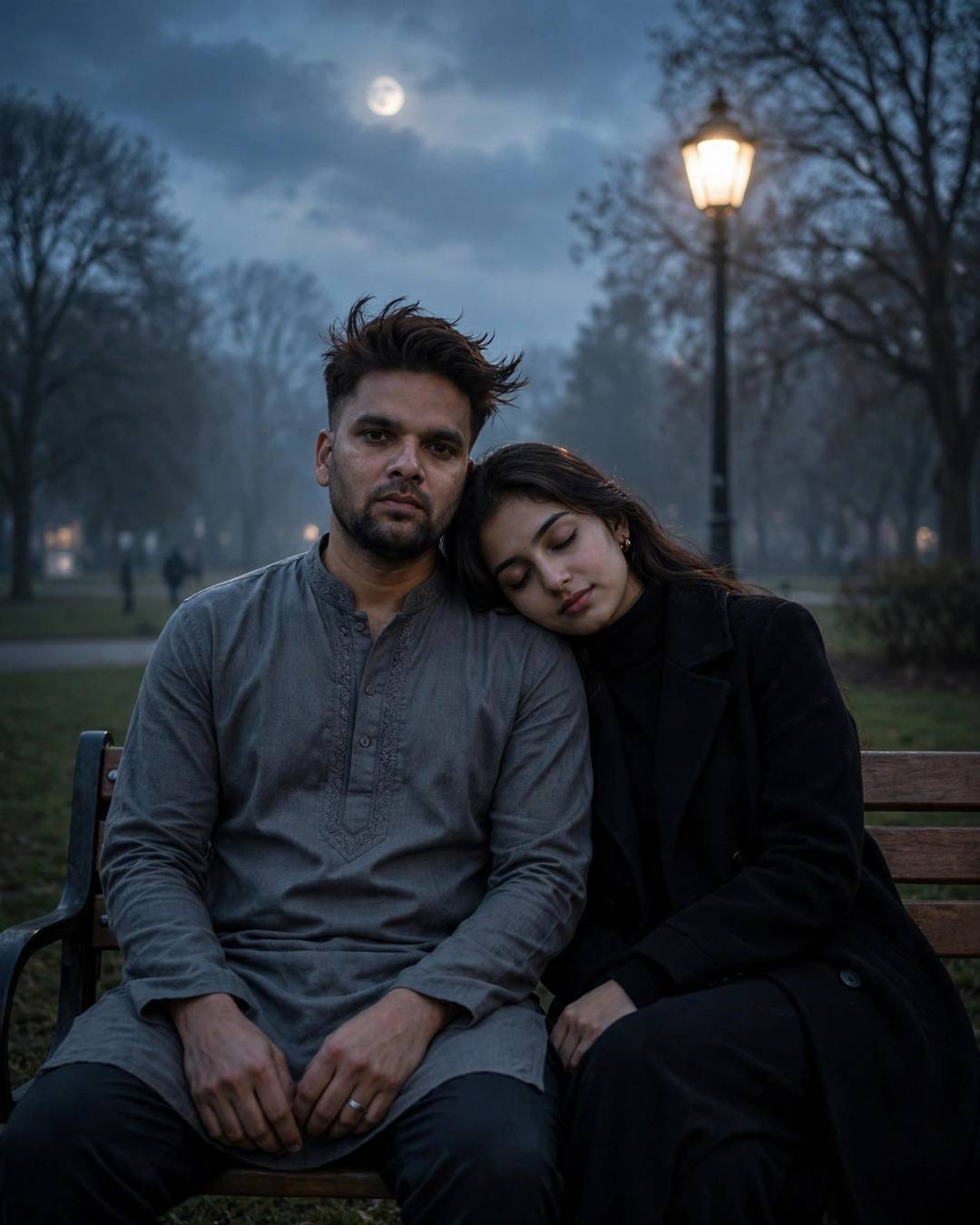 Couple sitting close on a park bench at dawn, her head resting on his shoulder under the moon