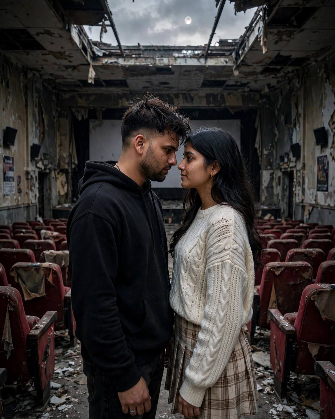 Couple standing face to face with foreheads almost touching in a moonlit abandoned cinema