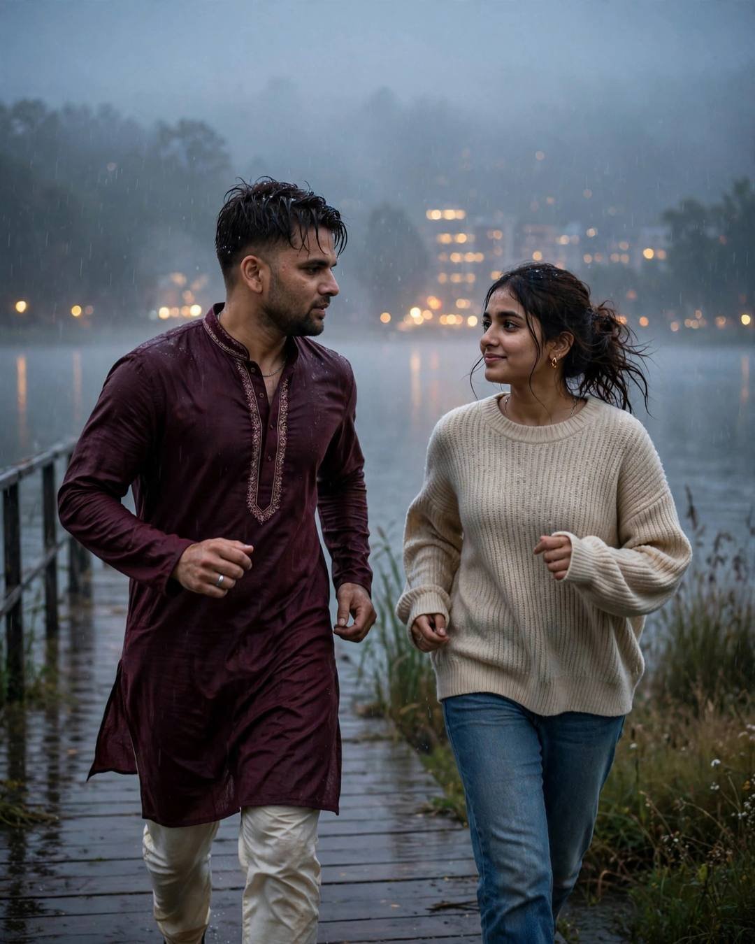 Couple walking together on a rainy lake boardwalk at dawn in the mist