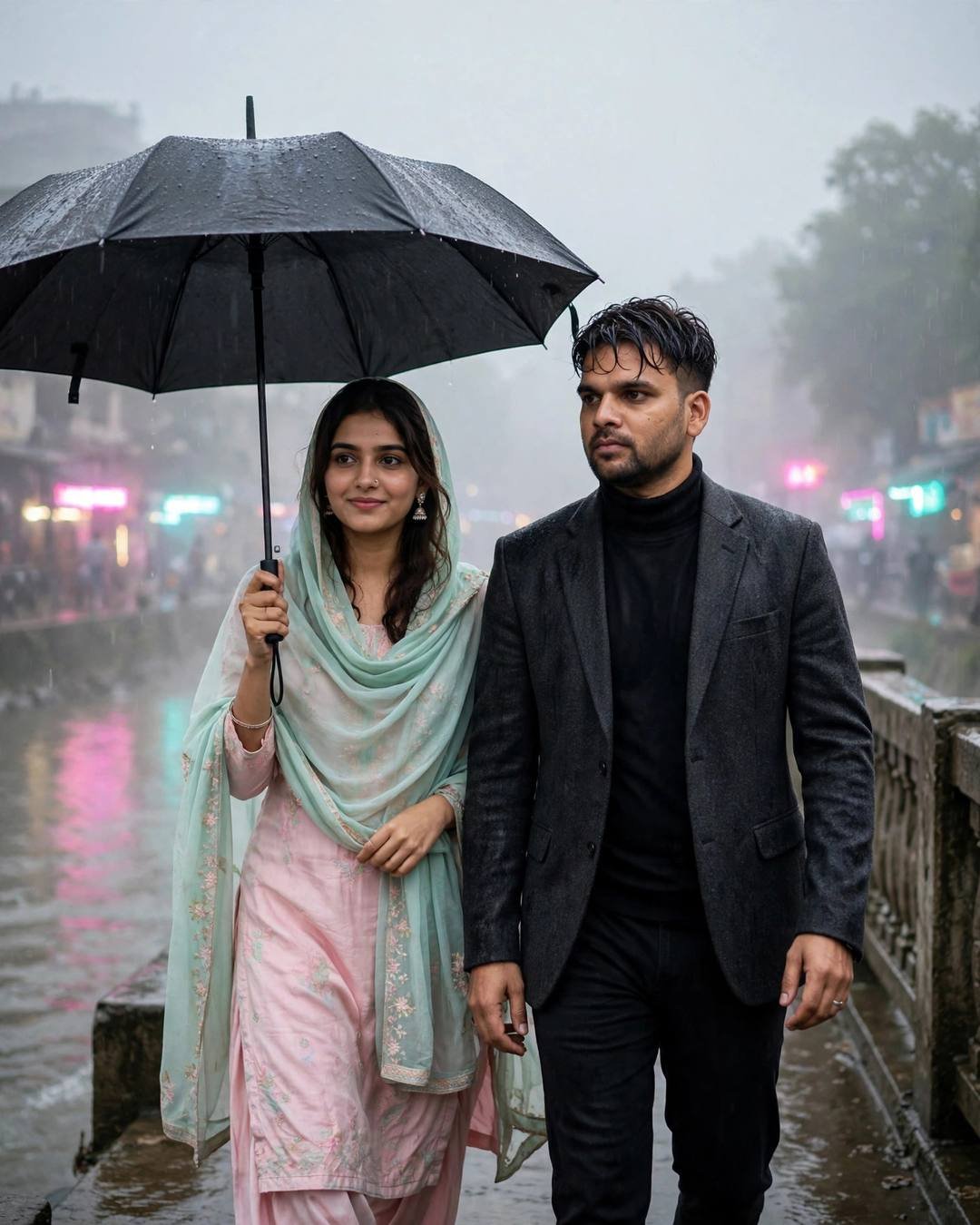 Couple walking under one umbrella on a rainy bridge at night with neon reflections