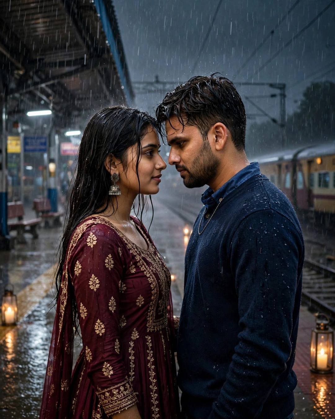 Couple standing face to face with foreheads almost touching on a rainy lantern-lit railway platform