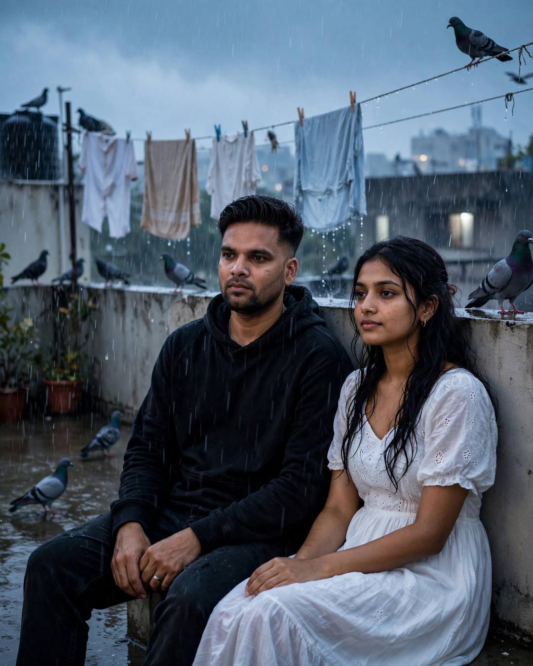 Couple sitting side by side on a rainy rooftop terrace — man in black hoodie, woman in white dress, clothes lines and pigeons around