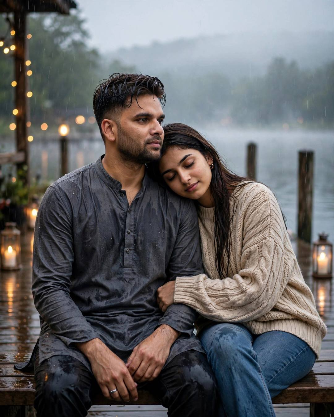 Couple sitting close on a lake pier bench at dawn — man in grey kurta, woman with head on his shoulder, lanterns glowing in rain