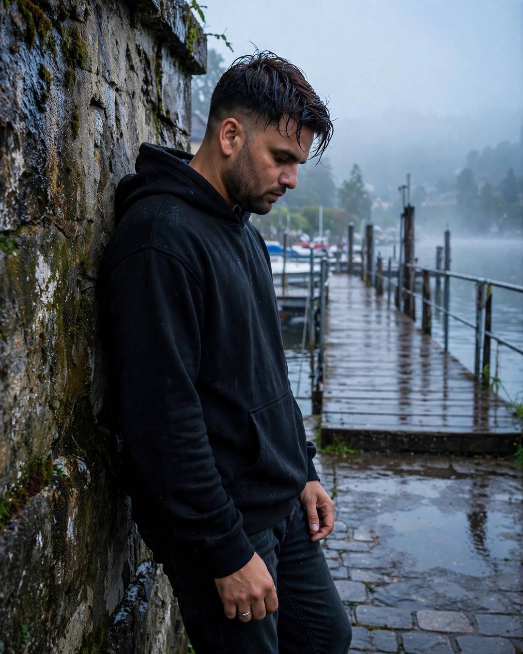 Young Indian man with rain-wet hair leaning against a weathered wall by a misty lake pier