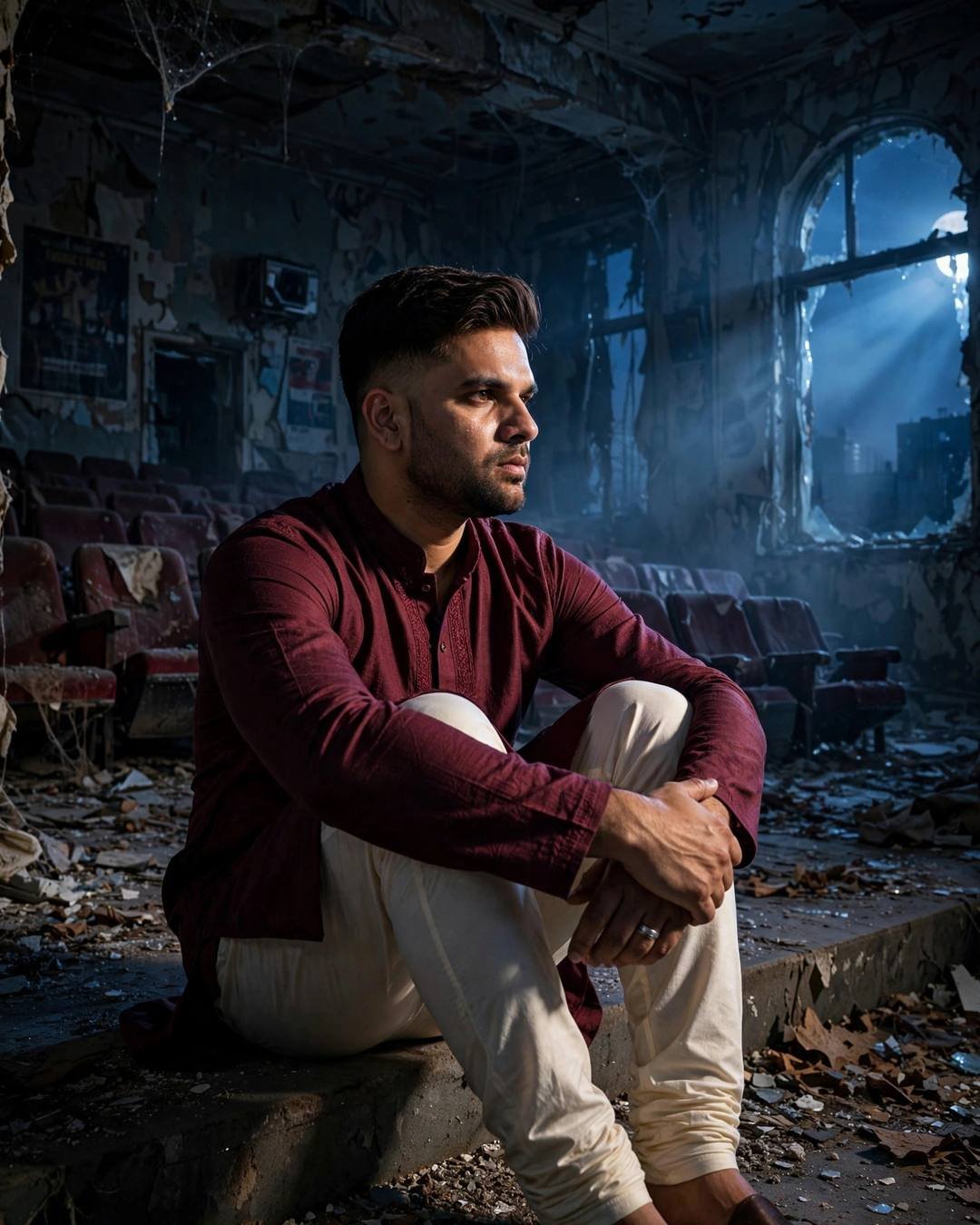 Young Indian man in a maroon kurta sitting in a ruined abandoned cinema hall under moonlight