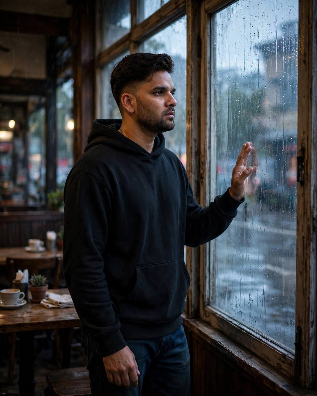 Young Indian man in a black hoodie standing at a rain-streaked cafe window with one hand on the glass