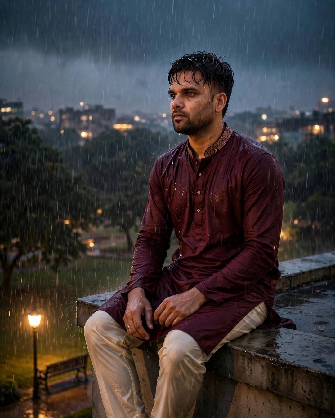 Young Indian man in a maroon kurta sitting on a rooftop ledge in heavy monsoon rain with city lights blurred below
