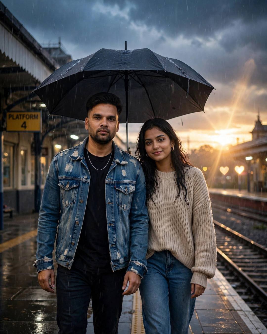 Couple under one umbrella on a rainy railway platform — man in denim jacket, woman in beige sweater, heart-shaped bokeh lights