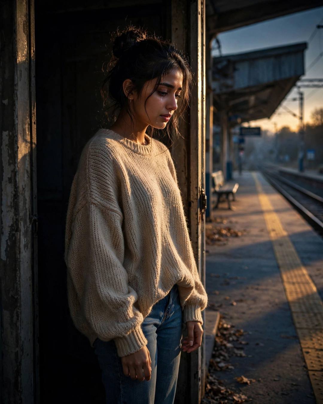 Young Indian woman in a beige sweater with a messy bun crying happy tears at an empty railway platform at night