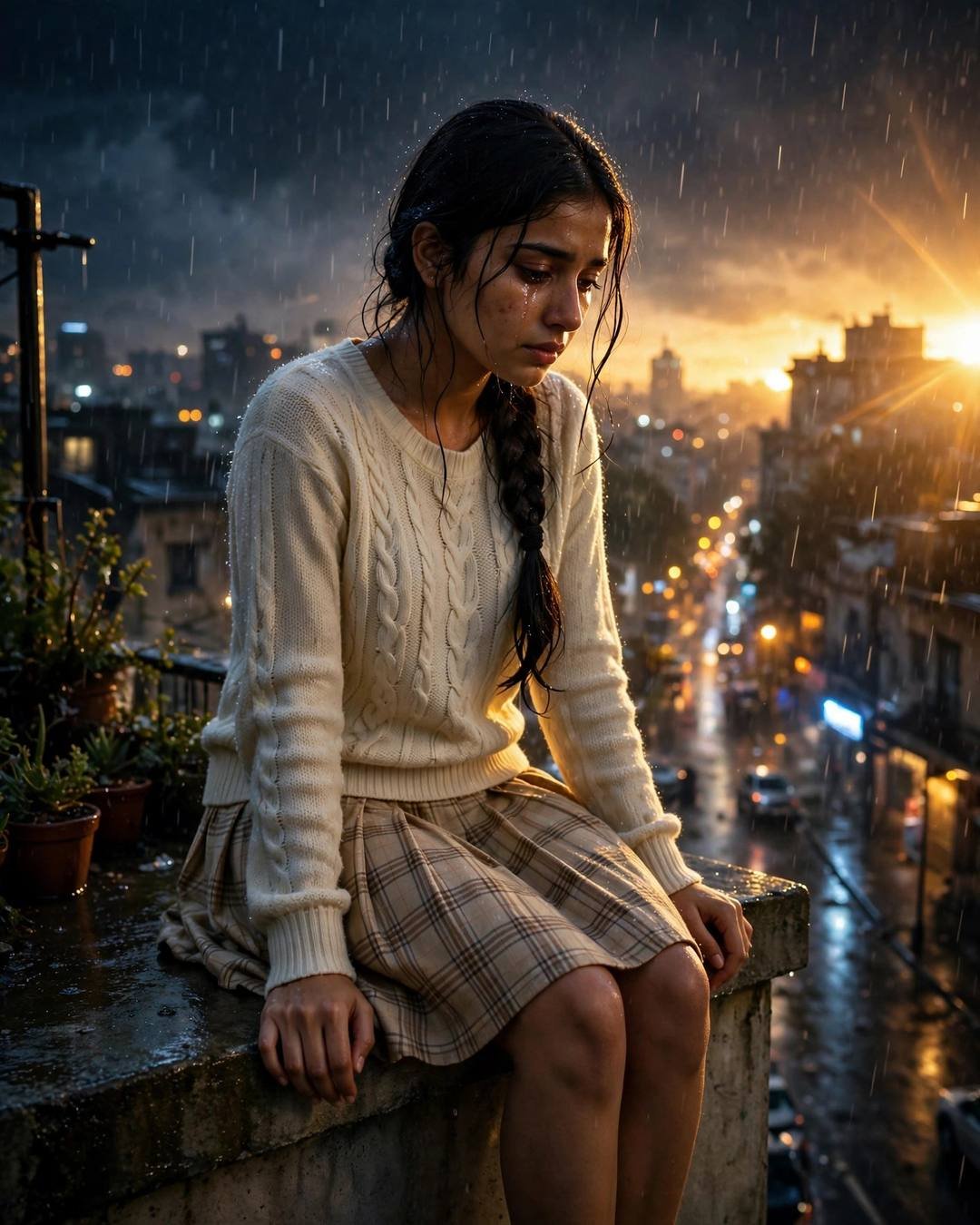 Young Indian woman in a cream knit top and plaid skirt with a long braid sitting tearfully on a rainy rooftop ledge above city lights