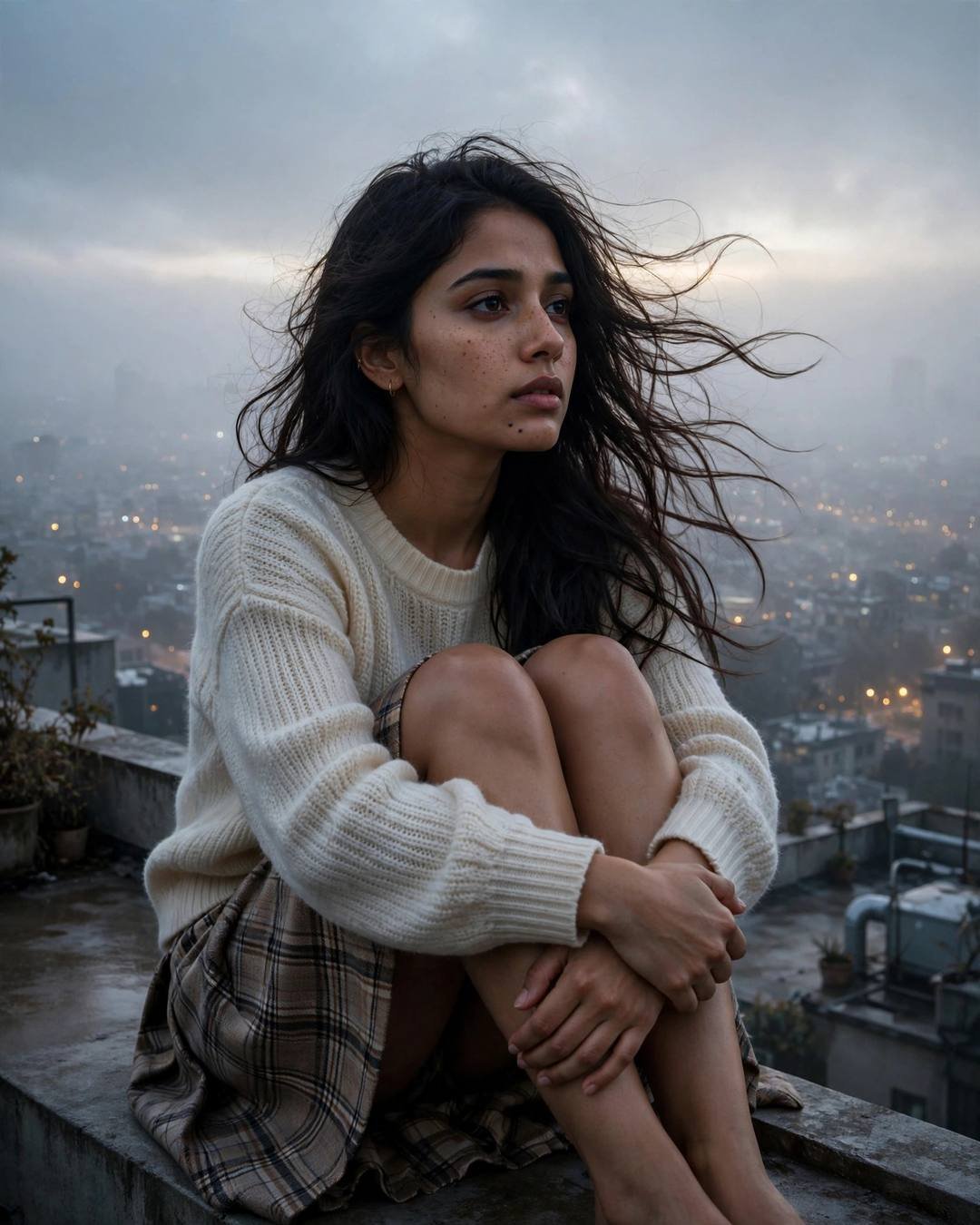 Young woman sitting with knees drawn up on a rooftop overlooking city lights at dusk