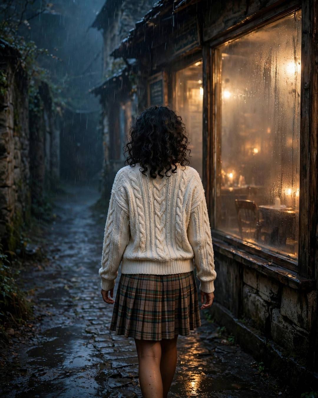 Young woman walking away down a rainy lane toward a glowing cafe window at dusk
