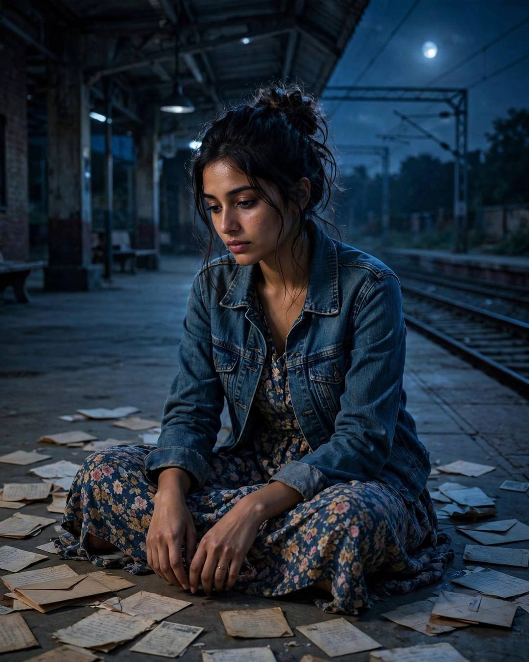 Young woman reading old diaries among scattered letters on a moonlit railway platform