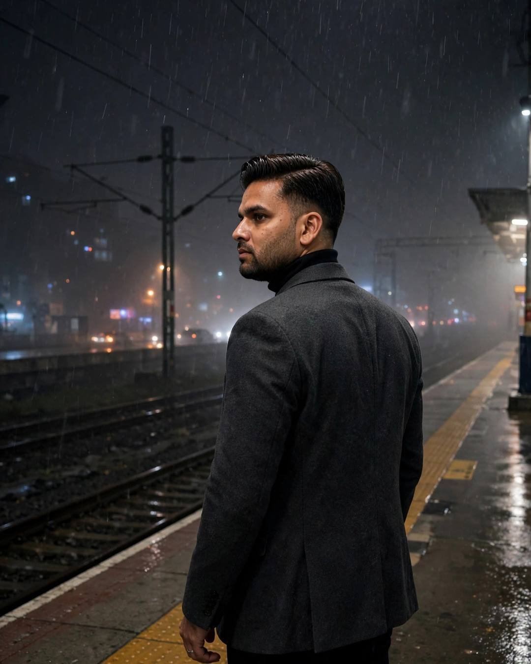 Young Indian man in charcoal blazer and black turtleneck, back to the camera, looking over one shoulder at an empty foggy railway platform at midnight