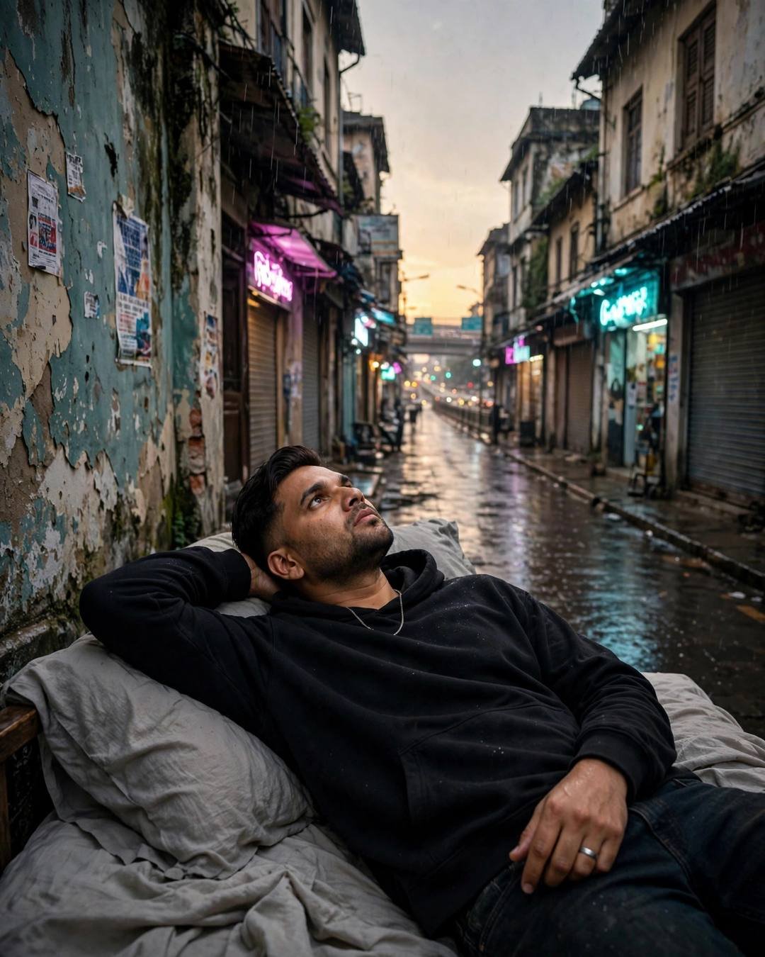 Young Indian man in black hoodie lying on a bed in a narrow old-city lane at golden hour, neon reflections on wet cobblestones