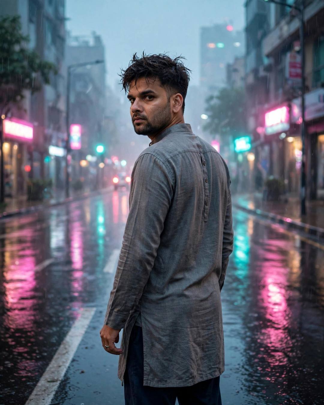 Young Indian man in grey kurta looking back over his shoulder on a rain-soaked neon-lit city street at dawn
