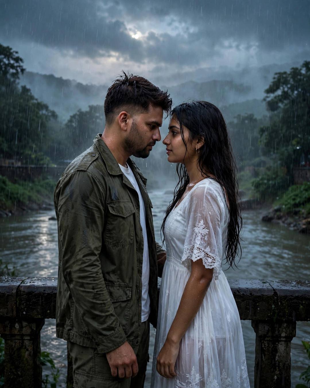 Young couple standing forehead to forehead on a bridge over a river in heavy monsoon rain