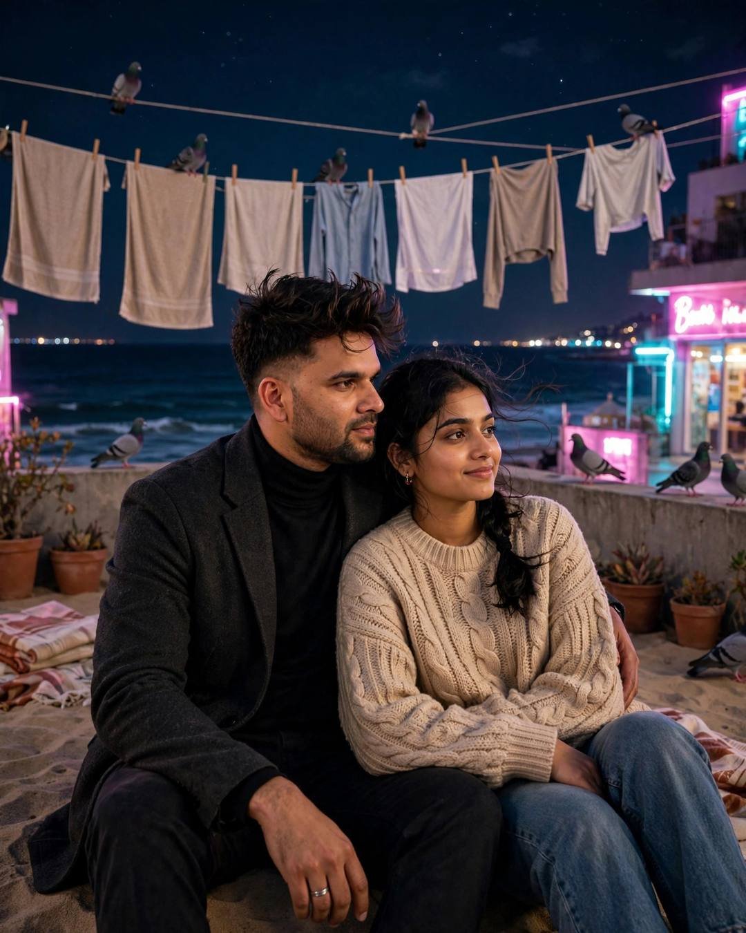 Couple sitting close on a seaside terrace at night with laundry lines, pigeons and neon lights around them
