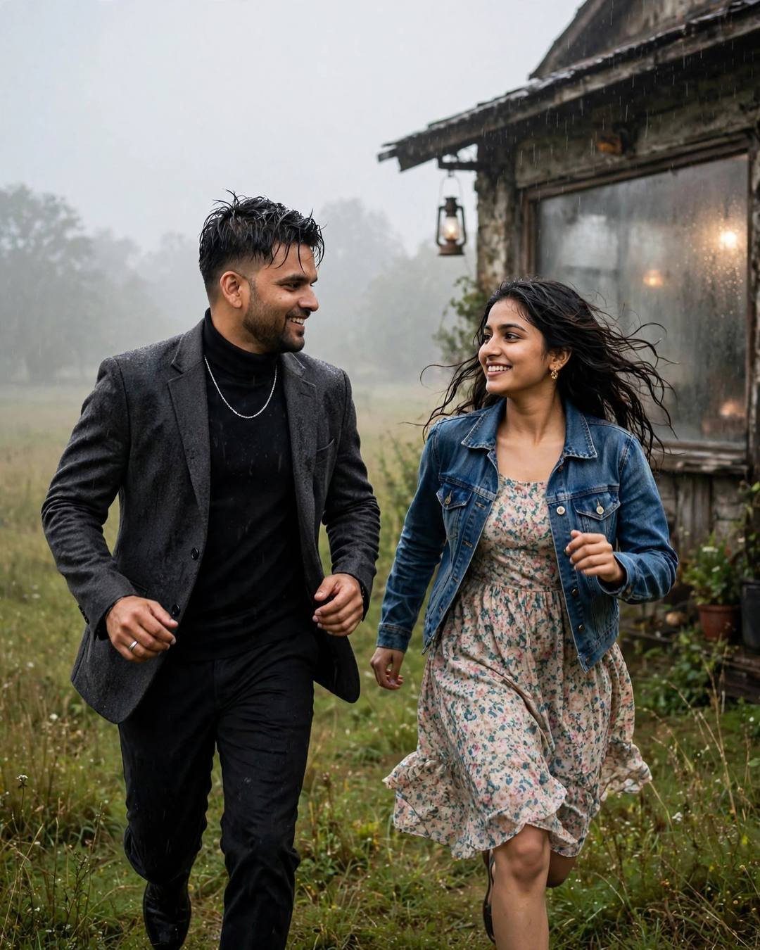 Joyful couple running together through wet grass near an old house in the rain