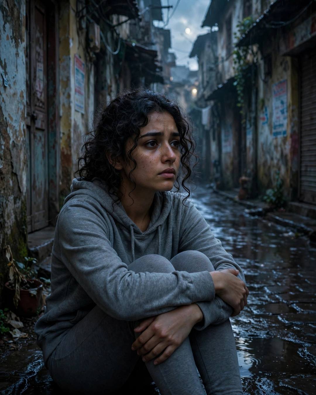 Young Indian woman in a grey hoodie sitting with knees drawn up in a rain-washed old-city lane at dawn, moonlight in deep shadows