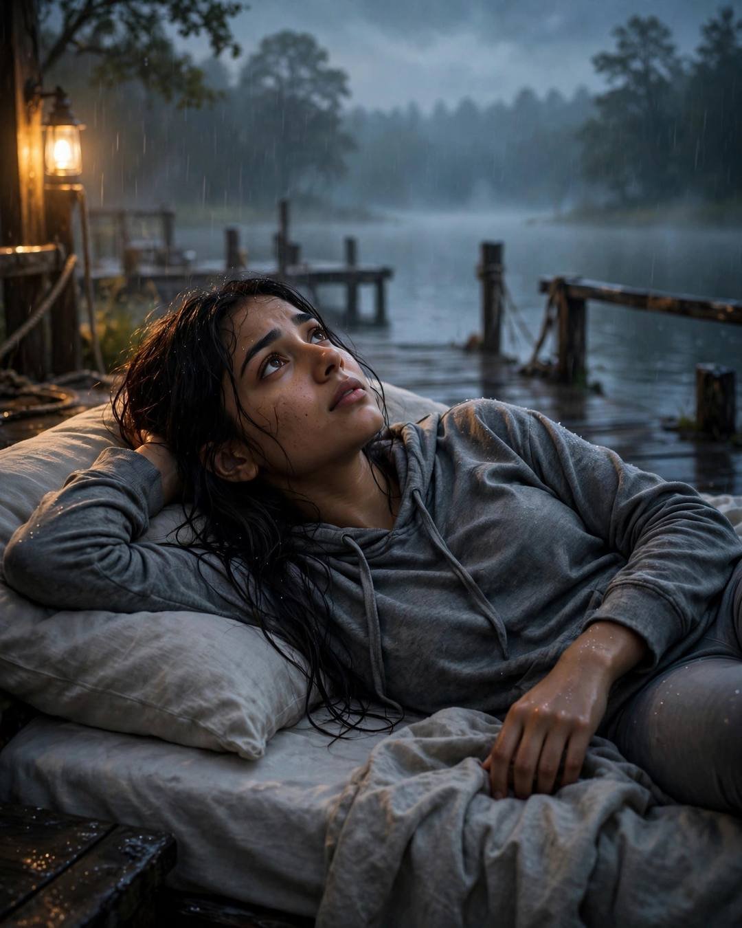 Young Indian woman in a grey hoodie lying on a bed at a lake pier at dawn, wet hair, drizzle over the misty lake