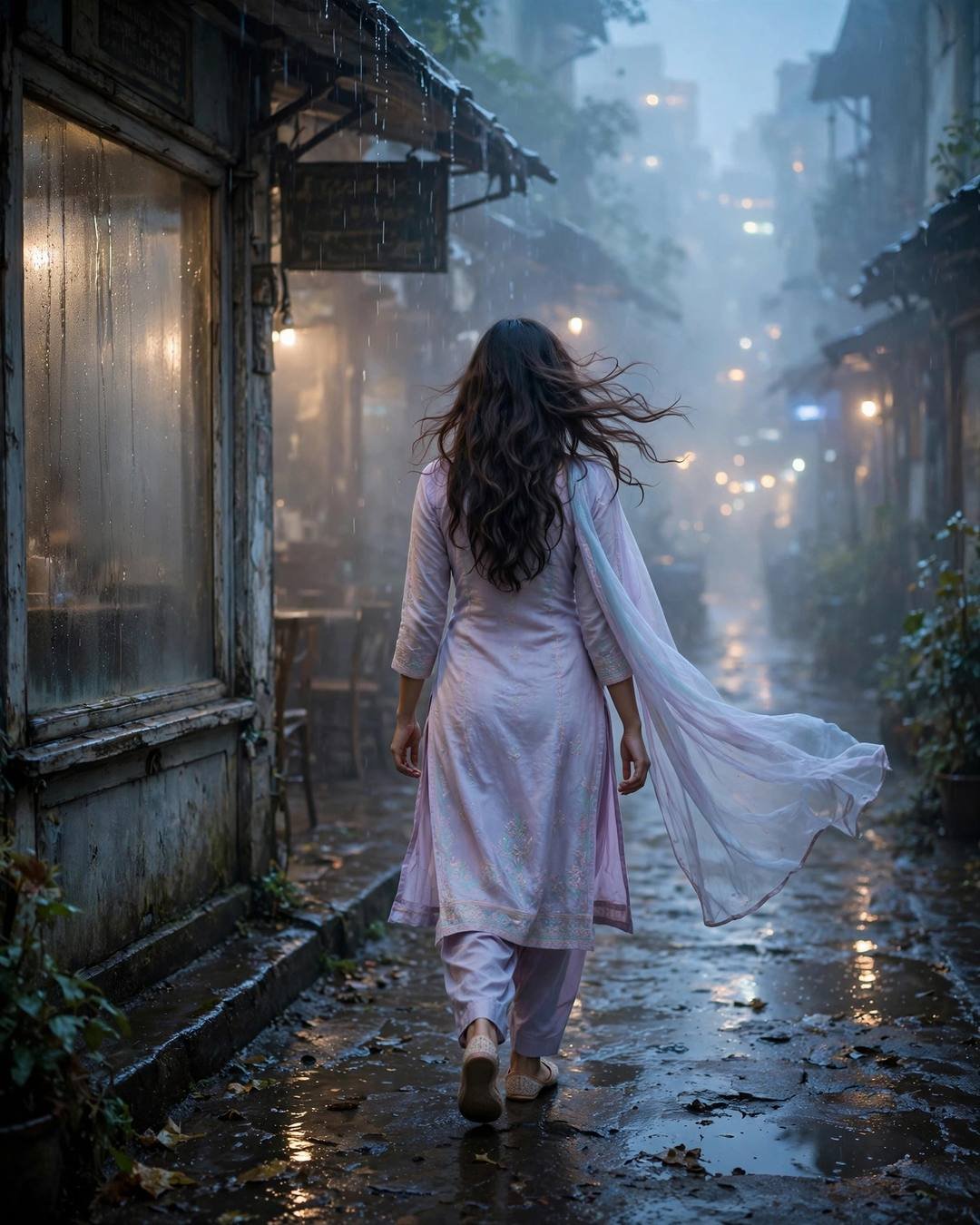 Young Indian woman in a pastel salwar-kameez with dupatta walking away down a foggy rain-washed lane at blue hour