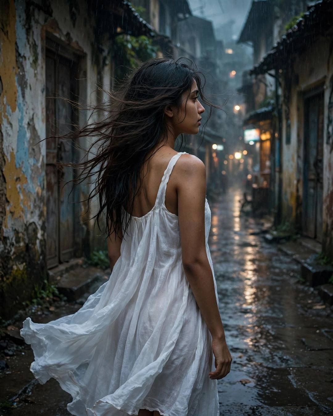 Young Indian woman in a flowing white summer dress looking over her shoulder in a rain-soaked old-city lane at night