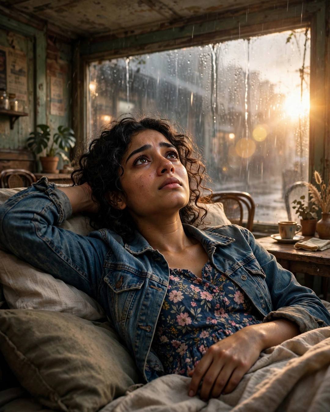Young Indian woman in a denim jacket over a floral dress resting by an old cafe's fogged window in golden-hour light