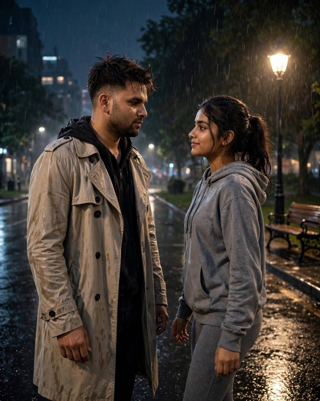 Couple facing each other under a streetlamp in midnight rain, him in beige trench coat, her in grey hoodie