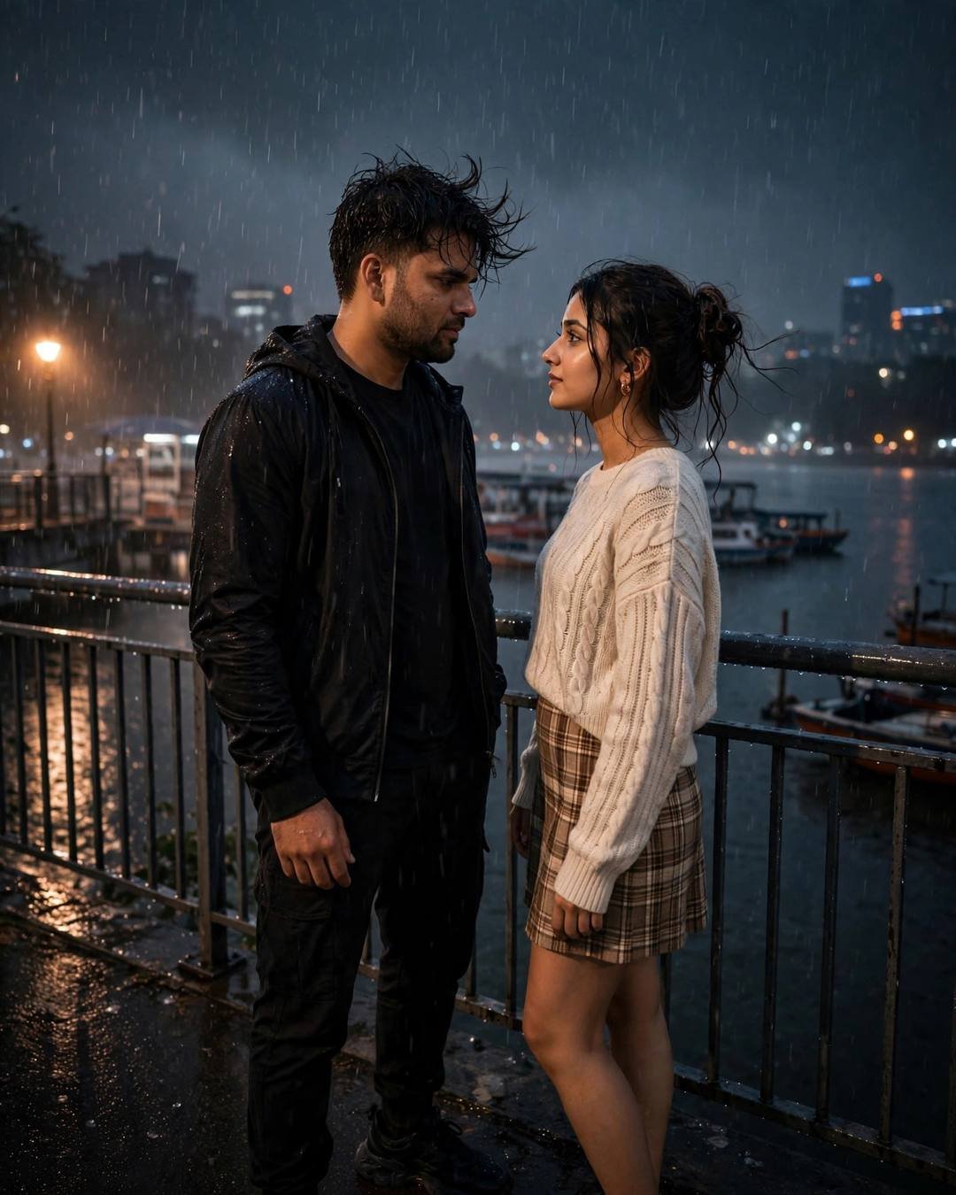 Couple facing each other on a rain-lashed bridge at midnight, him in black streetwear, her in cream knit and plaid skirt