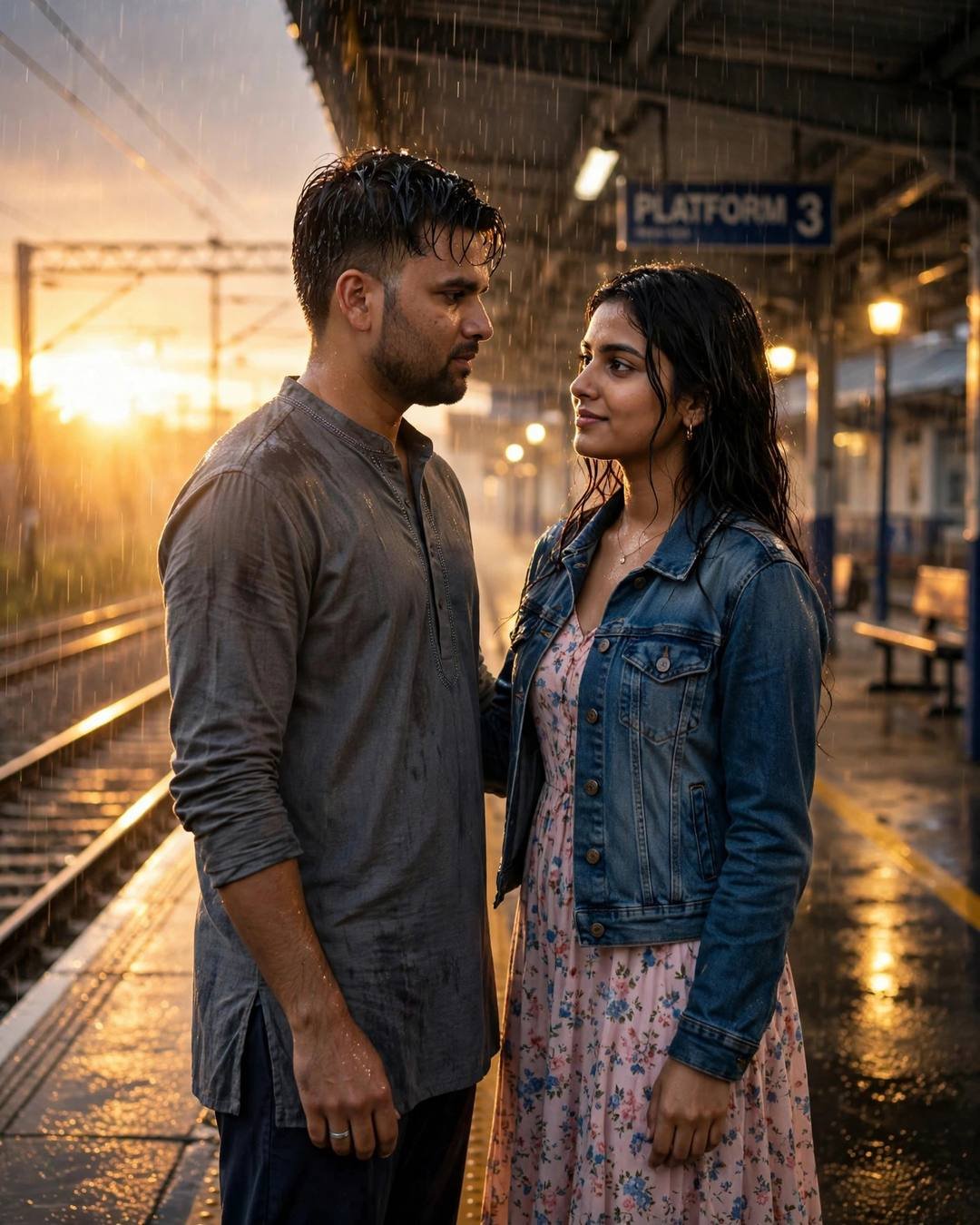 Couple facing each other on a rainy railway platform at night, golden backlight, him in grey kurta, her in denim jacket