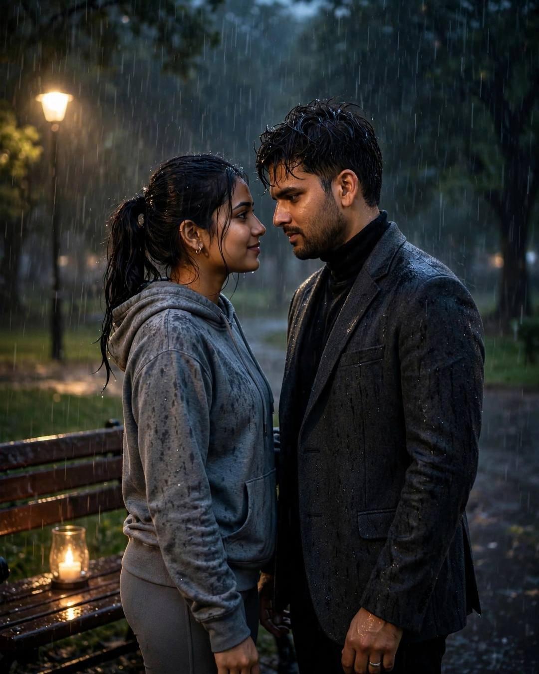 Couple with foreheads almost touching under a park lamp in heavy monsoon rain at night