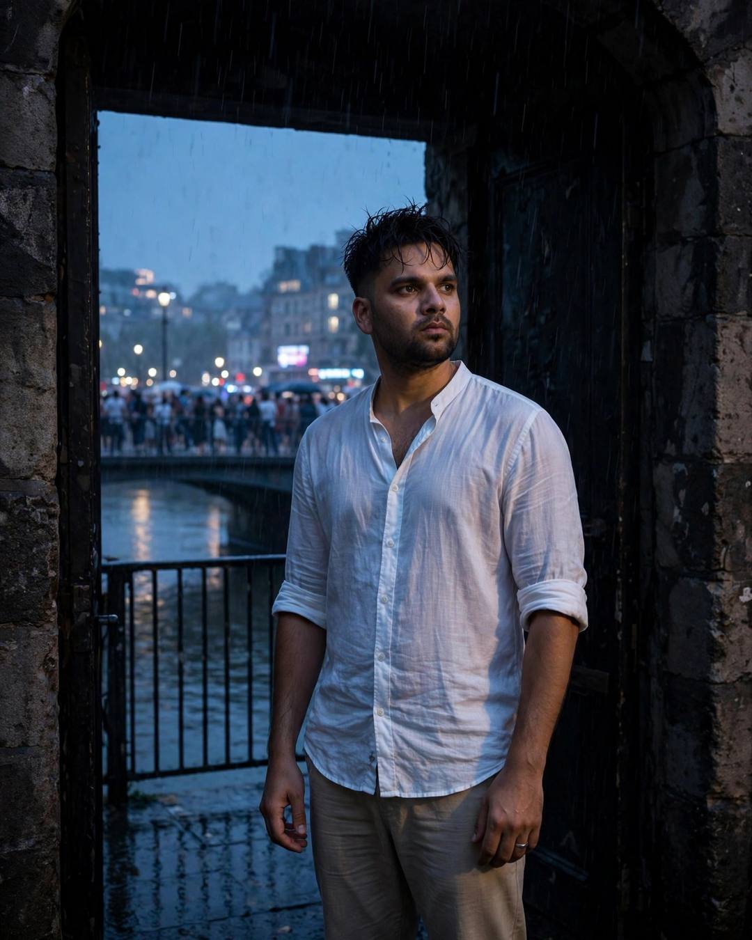 Young Indian man in a white linen shirt standing in a stone doorway by a river at blue hour, city glowing beyond