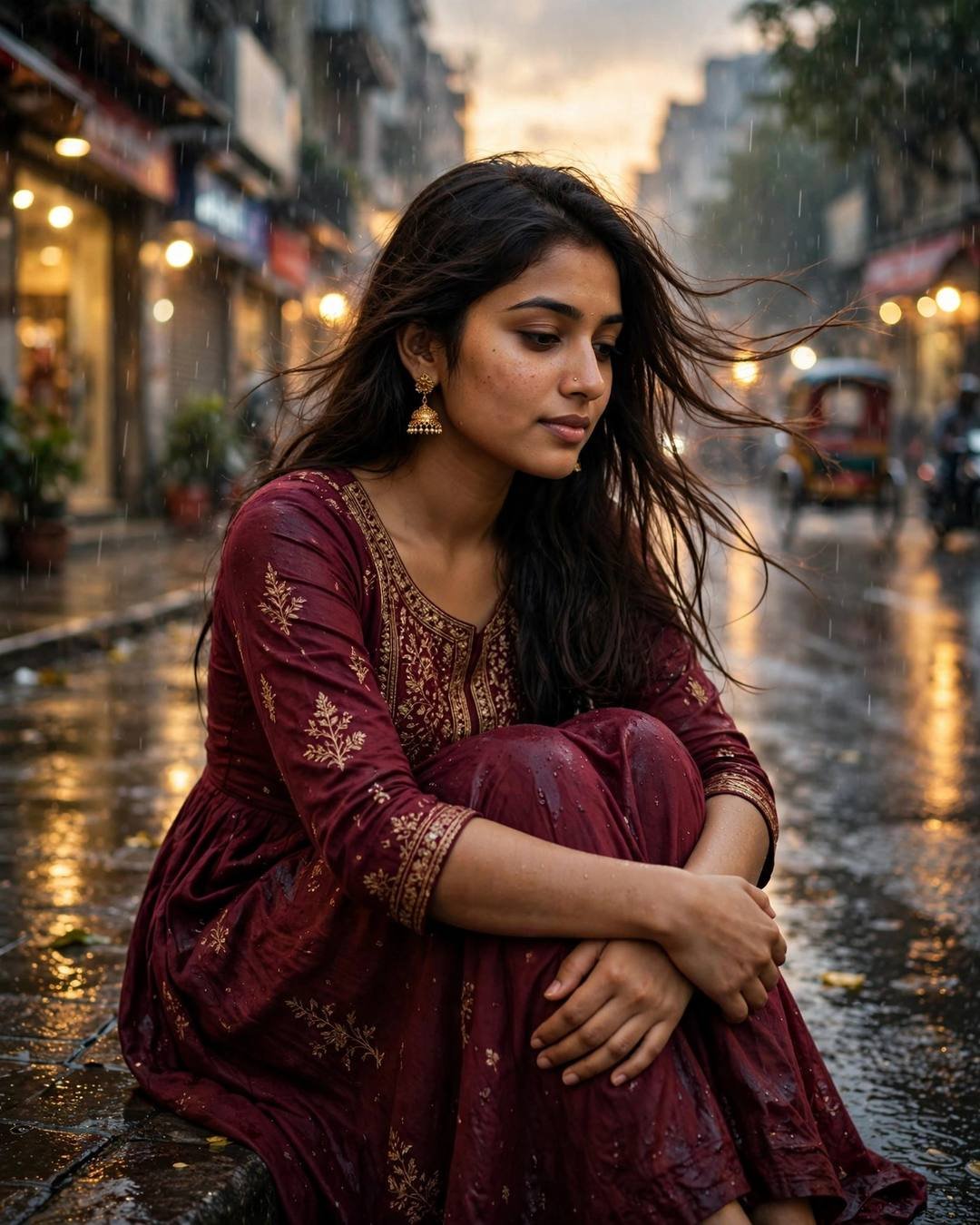 Young Indian woman in a maroon anarkali sitting with knees drawn up on a rain-soaked city street at golden hour